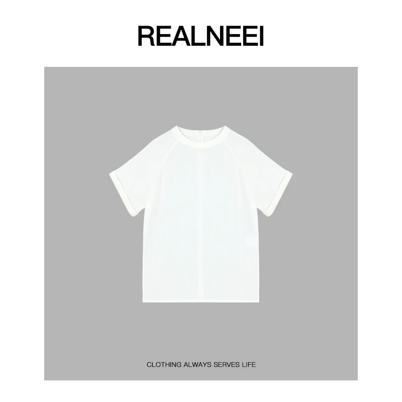 REALNEEI【】极简亚麻肌理皱后侧拉链设计开叉凉感短袖T恤22752