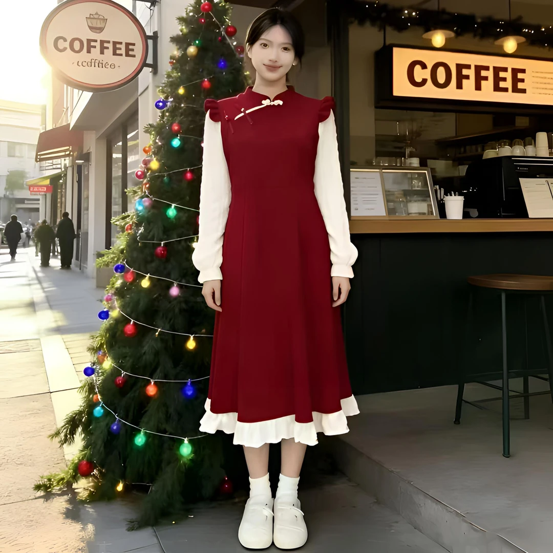 棉花糖常规冬季立领中式长裙大码连衣裙假两件长袖高腰通勤风