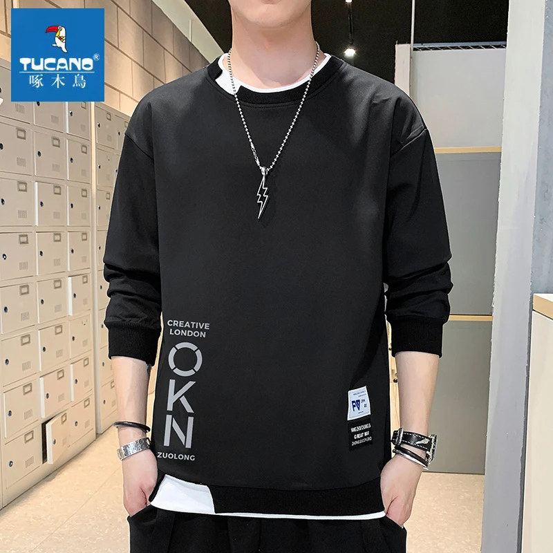 啄木鸟春秋季套头卫衣男士韩版修身休闲男款潮流圆领长袖T恤上衣