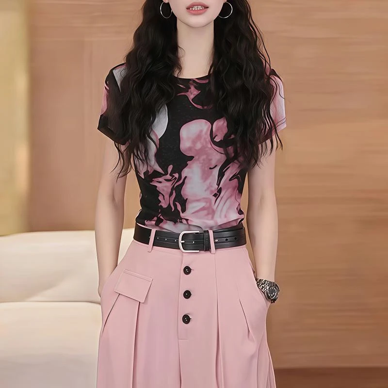 时尚复古印花圆领短袖T恤衫女夏季新款洋气修身显瘦百搭减龄上衣