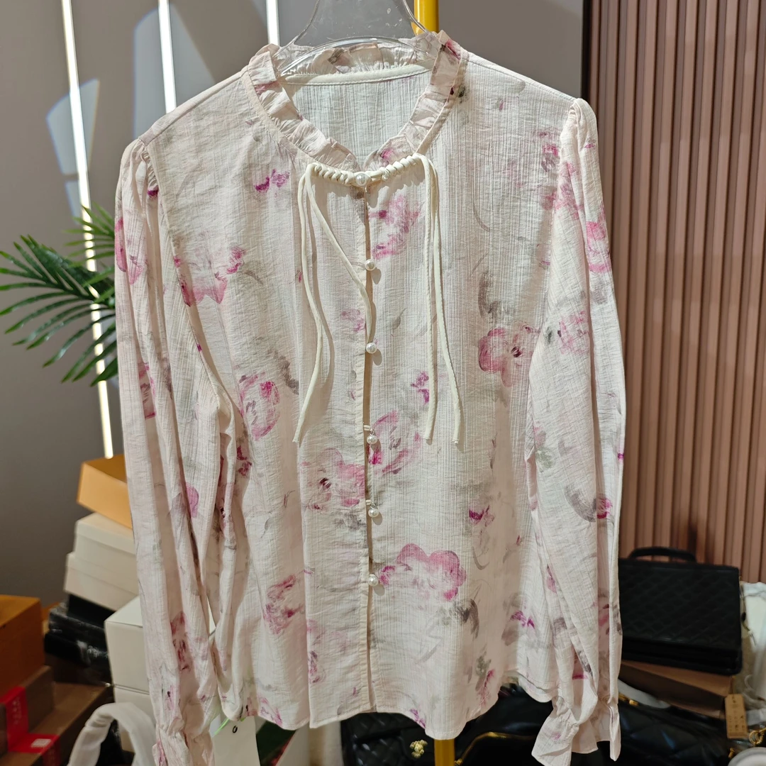 立领木耳边印花衬衣设计感轻薄上衣2025春装新款新中式衬衫女长袖