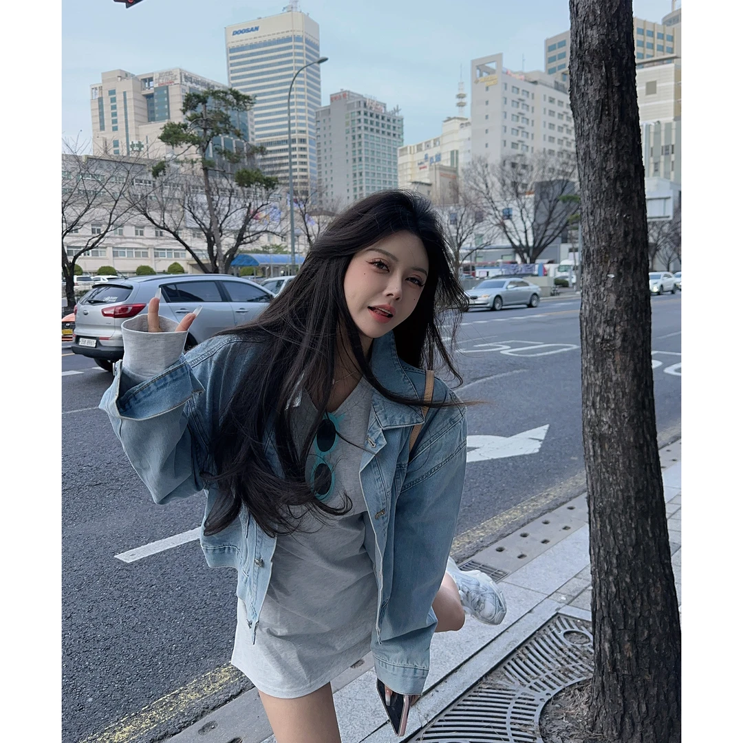 21DEGREES【时髦女孩】色时髦精短款牛仔外套花灰色绑带连衣裙