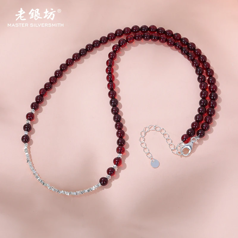 【老银坊】s925银血珀间珠不规则碎银链项链 0021539