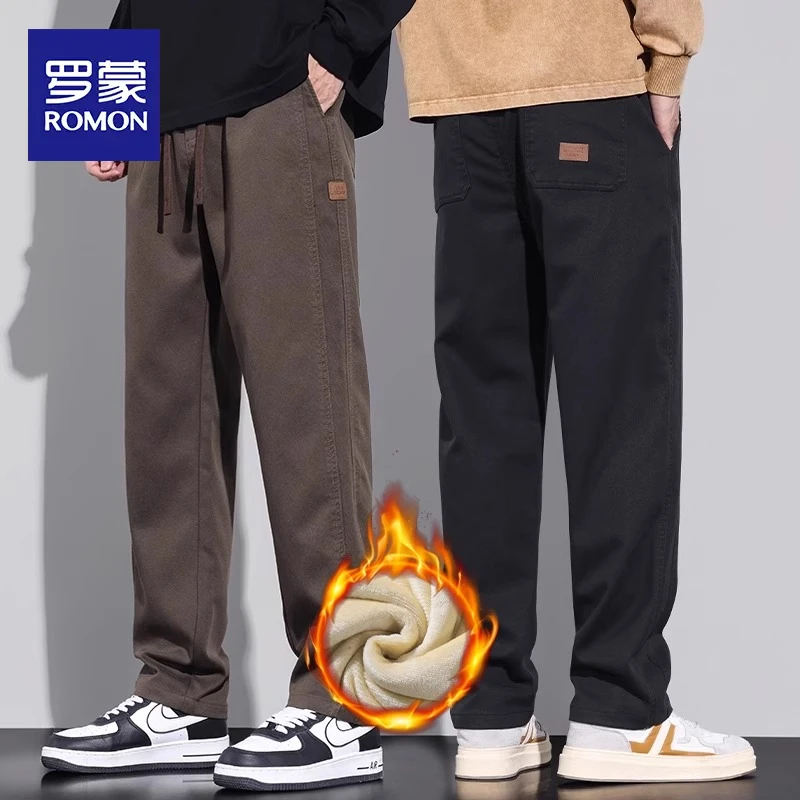 罗蒙男2025秋冬季新款加绒加厚休闲裤男士美式直筒工装保暖长裤子