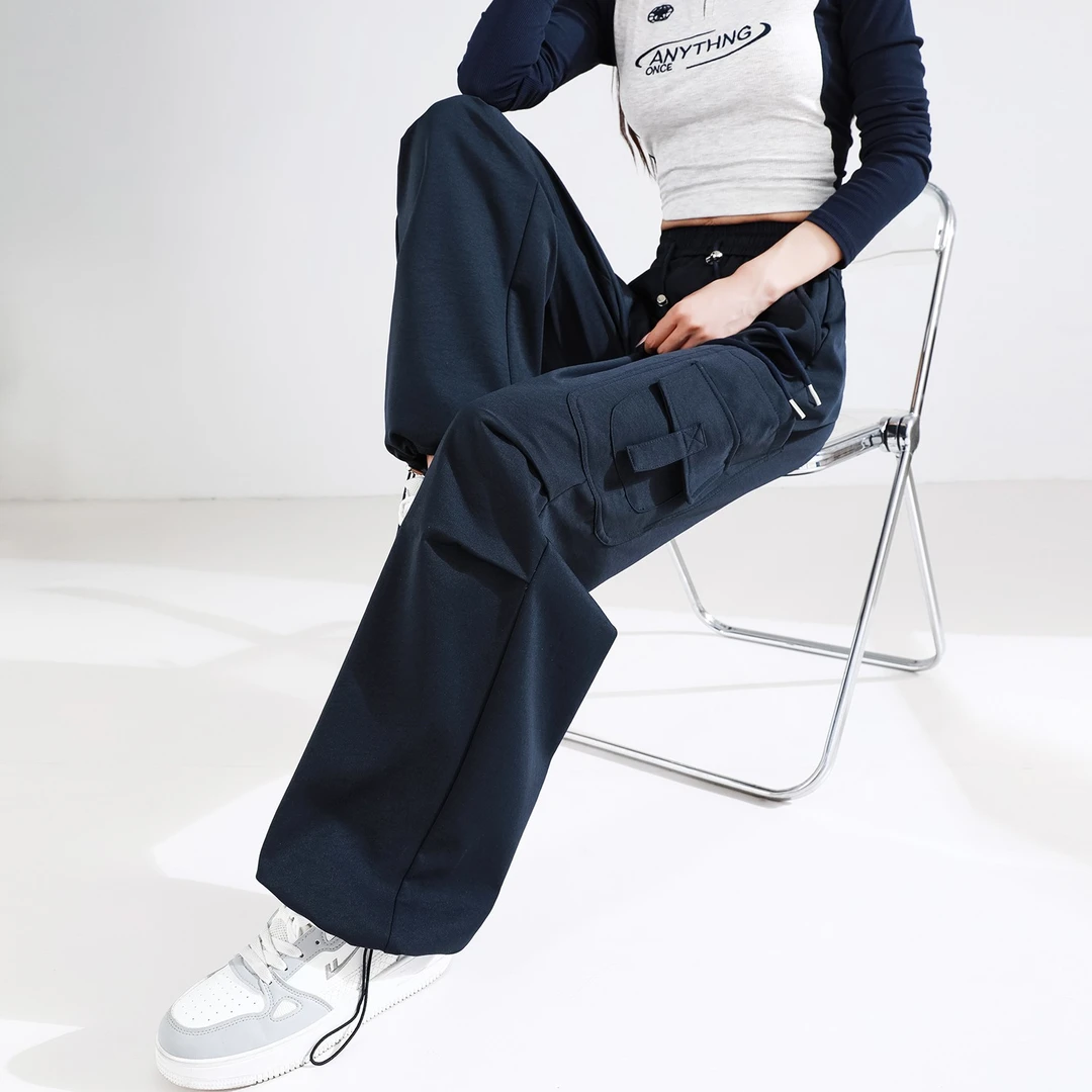 藏蓝色美式工装裤女小个子2025新款秋冬休闲加绒加厚直筒阔腿裤子