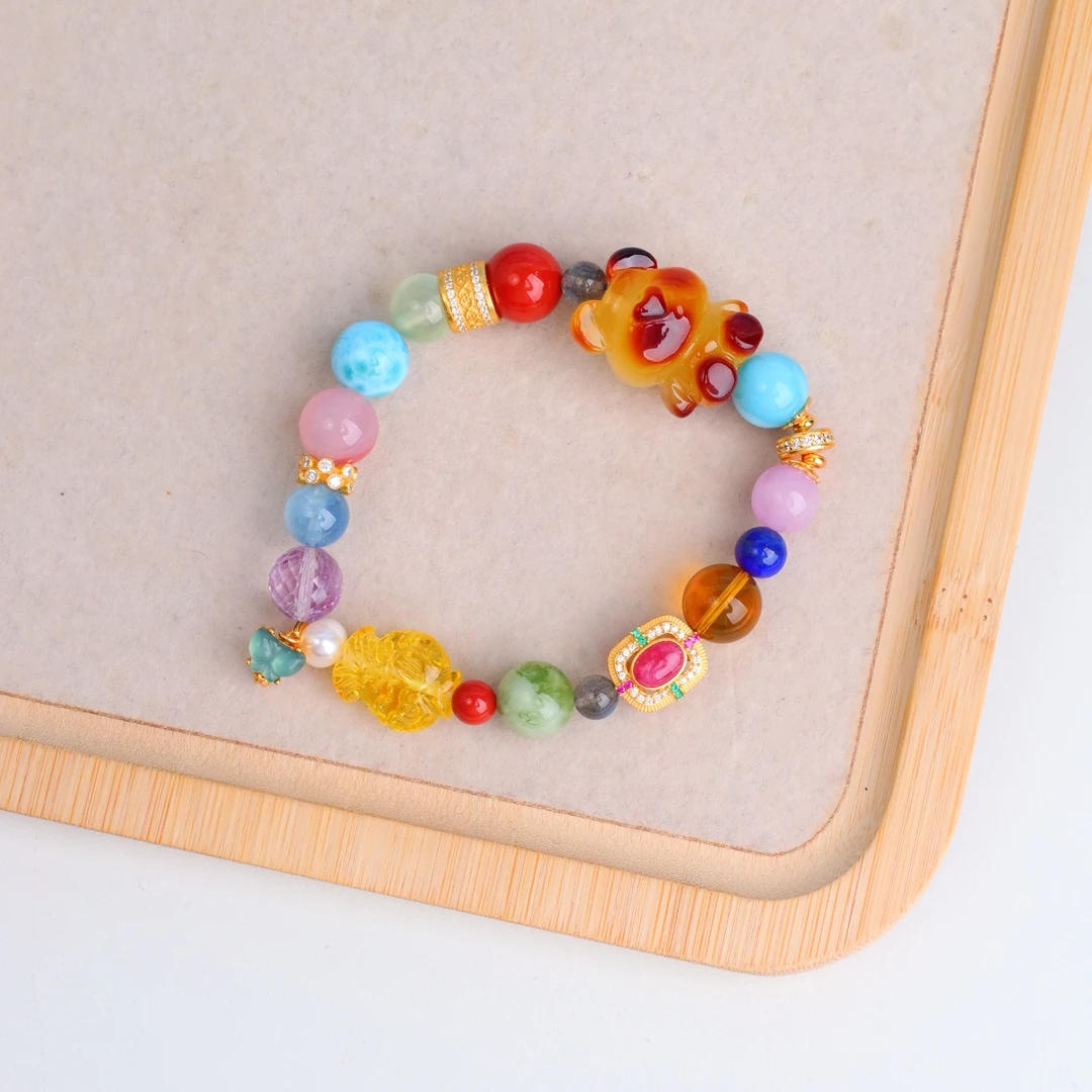 【琪琪珠宝】蜜蜡小熊手串彩色多宝款