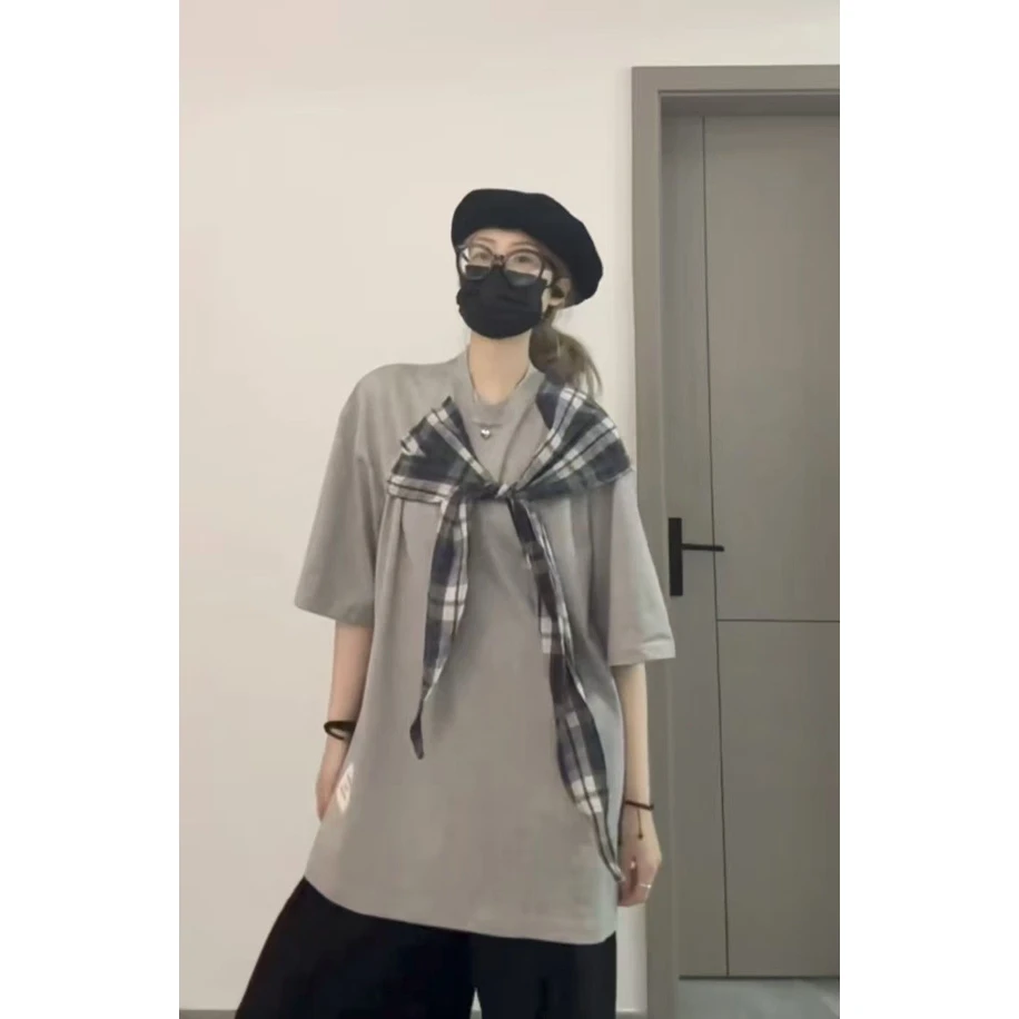 美式复古格子蝴蝶结贴布灰色短袖t恤女夏季oversize宽松半袖上衣