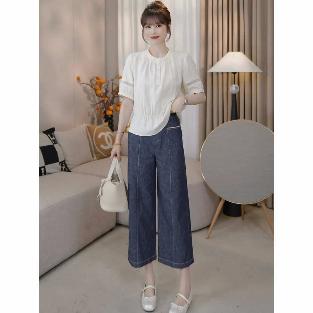 LMENY蓝调亚麻裤~方口袋拼织带明线九分显瘦裤25BK028