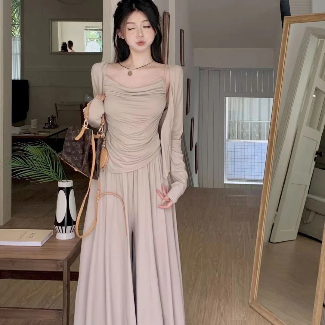 秋季【三件套】长袖套装开衫慵懒风显瘦遮肉开衫吊带+休闲半身裙