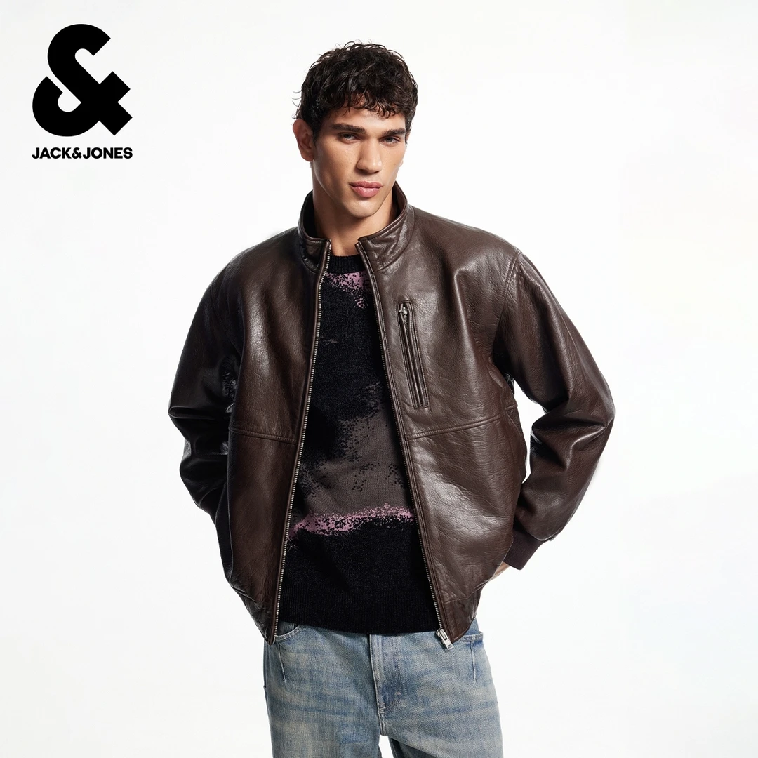 杰克琼斯男装士秋季新款夹克羊皮革插袋长袖宽松立领经典舒适上衣