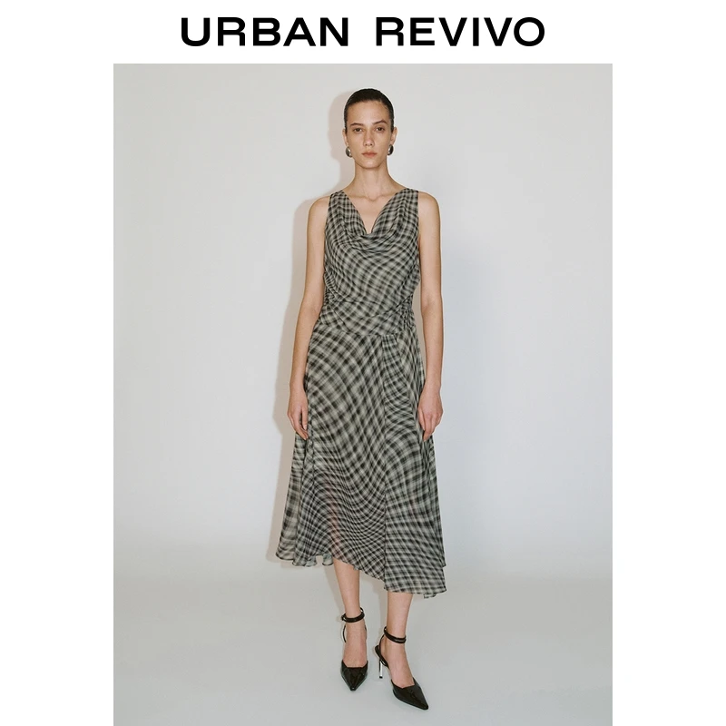 UR2025夏季新款女装气质不规则格纹无袖连衣裙UWJ750064