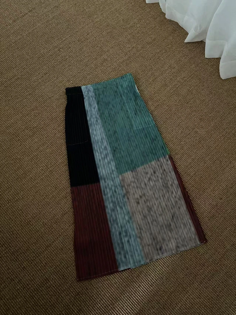 日系独特彩色拼接直筒高腰褶皱半身裙时尚优雅显瘦