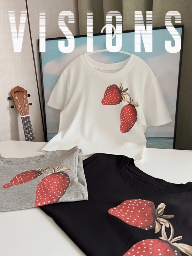 圆领短袖T恤女复古日系爆款纯棉甜辣夏季新款正肩短款印花ins上衣