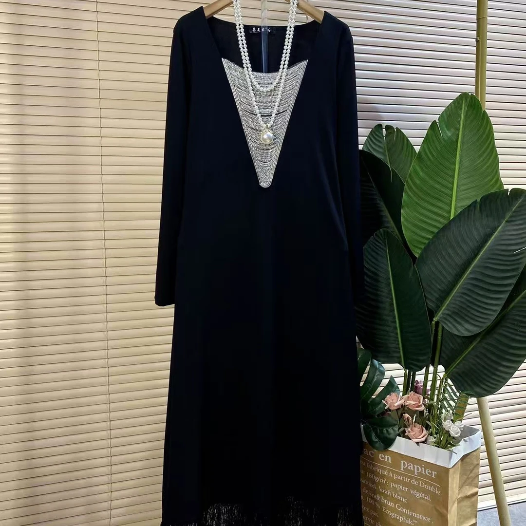 H胖mm欧货时尚新款重工钉珠流苏拼接气质显瘦连衣裙