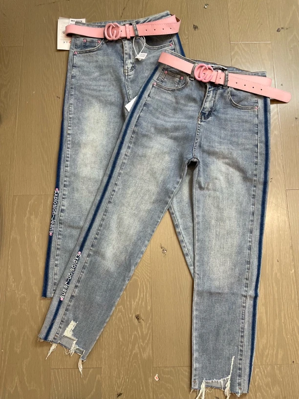 036#不配腰带高弹力刺绣烟管裤