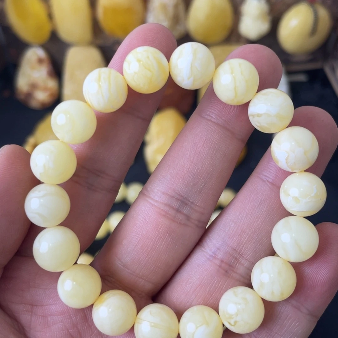 琥珀未镶嵌手串11+俄料妖白花蜡圆珠手串