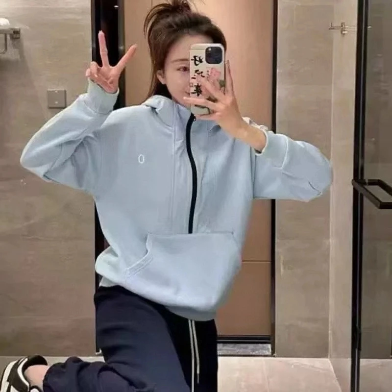 2025春新款宽松显瘦运动休闲外套上衣美式时尚半拉链连帽卫衣女！