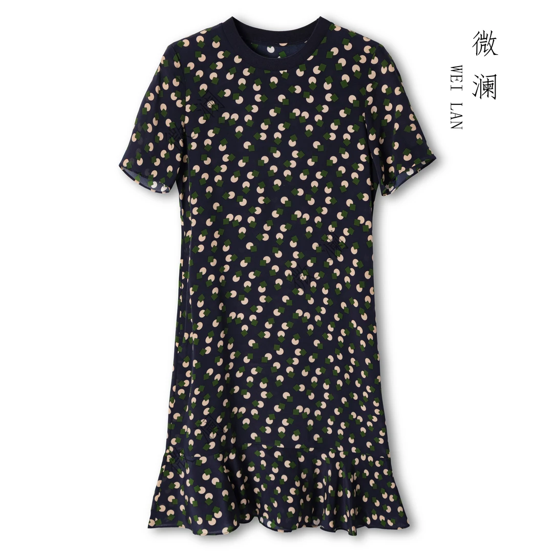 藏青波点法式桑蚕丝夏季连衣裙女圆领波点气质中长裙23-061