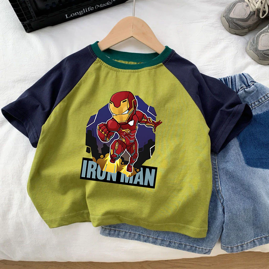 100%纯棉男童新款夏季短袖宽松中小童女童半袖蜘蛛侠卡通上衣T恤