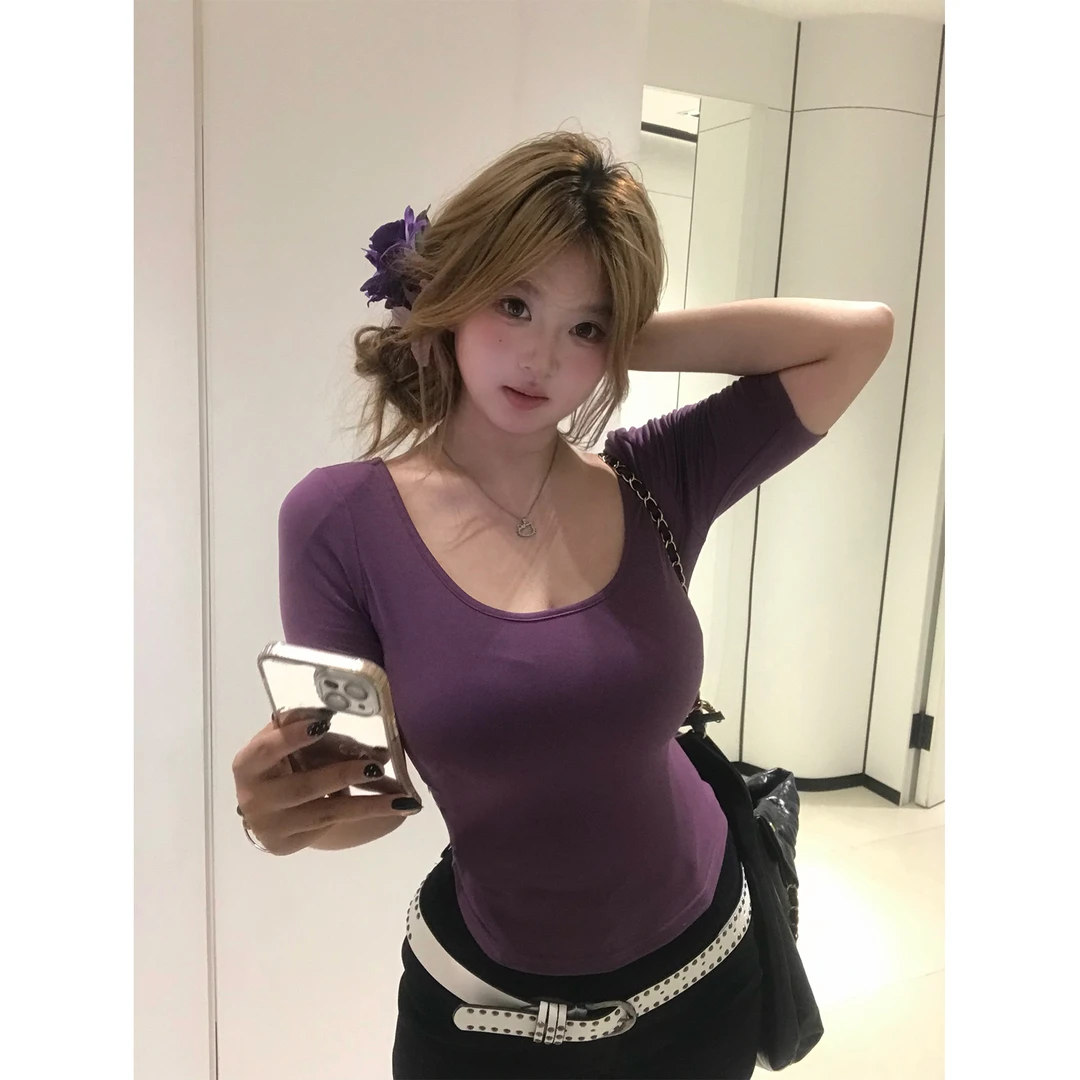 清仓 你的鱼 作弊修身T YU252H0036 微胖U领芭蕾感中袖T恤上衣