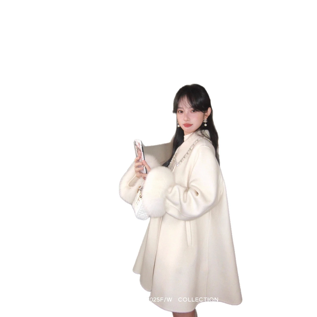 "璀璨银河"双面羊绒大衣女中长款2025新狐狸毛大衣100羊毛呢外套