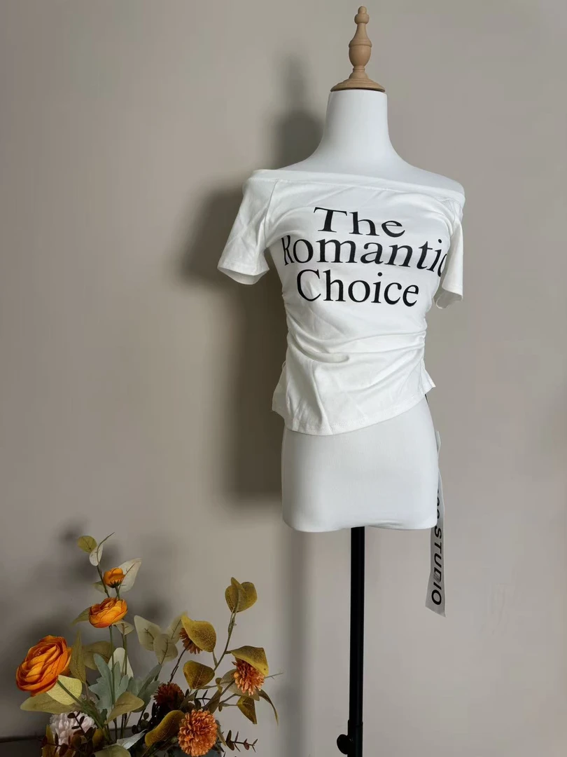 辣妹风一字领短袖印花T恤打底衫性感可爱风