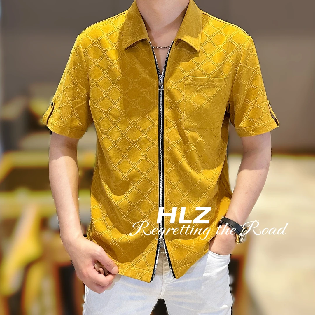 2025夏季新款修身男士休闲个性时尚休闲提花双拉链短袖衬衫