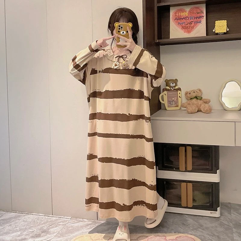 大码条纹睡裙女春秋季长袖纯棉宽松睡衣中长款家居服可外穿
