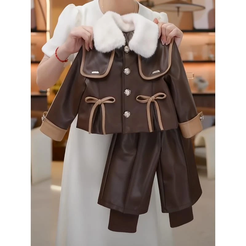 女童毛领皮衣外套2025冬季新款女宝宝加绒加厚保暖洋气时髦两件套