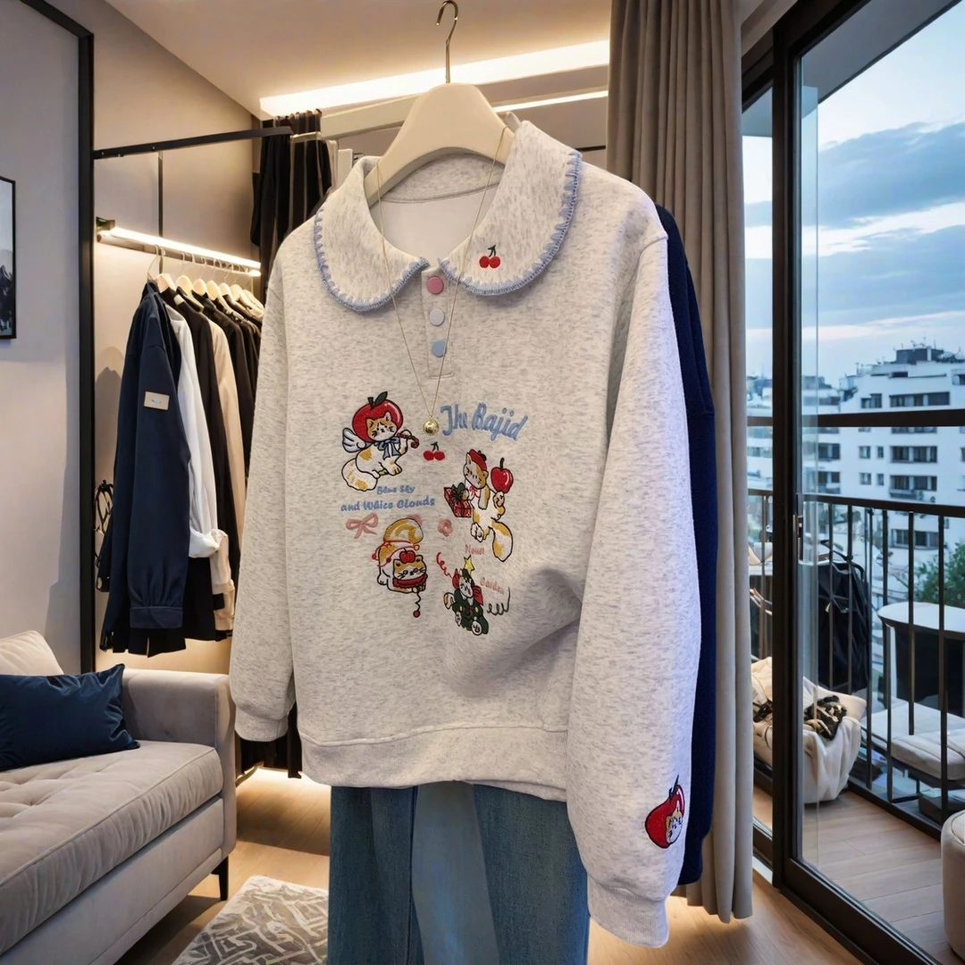 灰色可爱猫咪刺绣polo娃娃领卫衣女春秋薄款韩系套头上衣2025新款