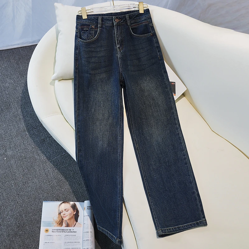 复古蓝色窄版阔腿牛仔裤女2025秋季新款高腰显瘦垂感休闲直筒裤子