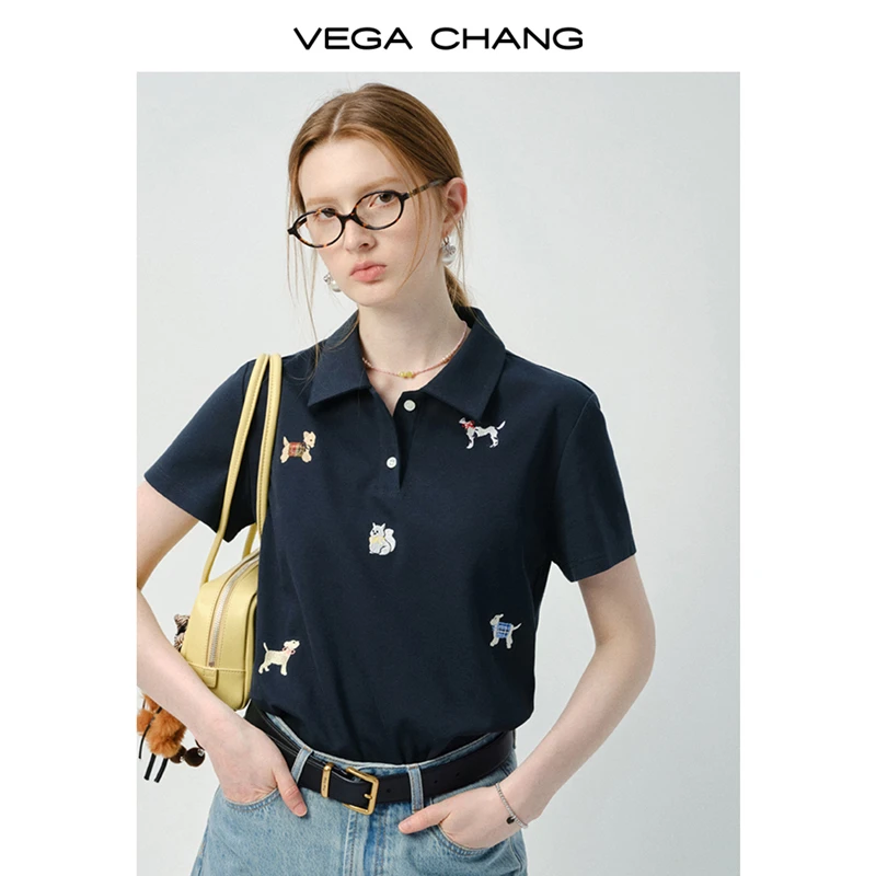VEGA CHANG短袖t恤女2026新款夏季小狗绣花POLO领正肩T恤0467LW