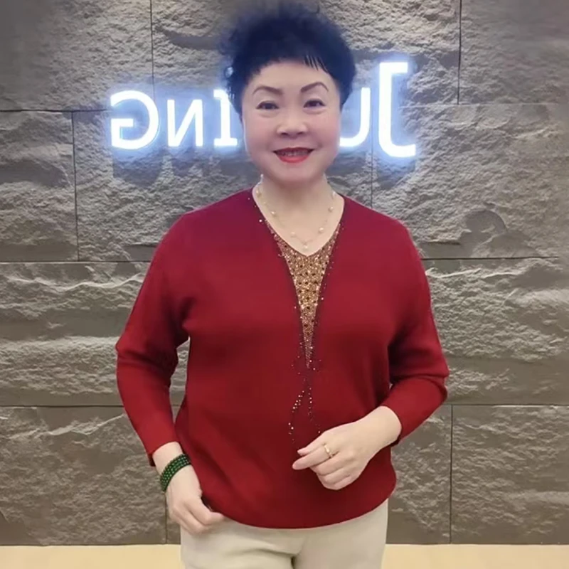 G春秋新款时尚上衣洋气长袖针织减龄女装中老年宽松妈妈打底衫