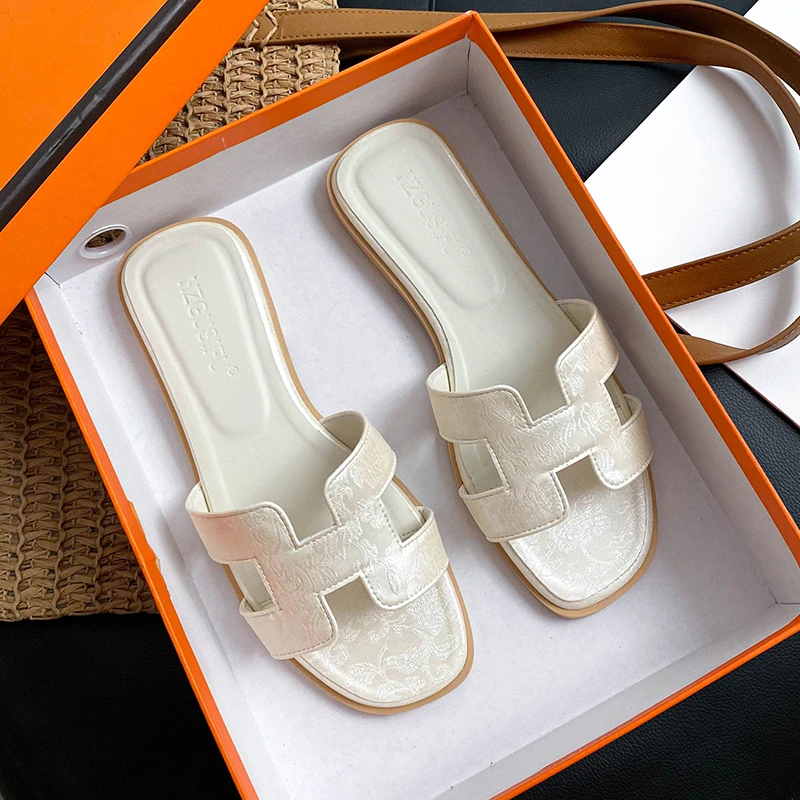 国风绸缎款-拖鞋女夏季外穿时尚新款平底旅游度假沙滩鞋海边拖鞋