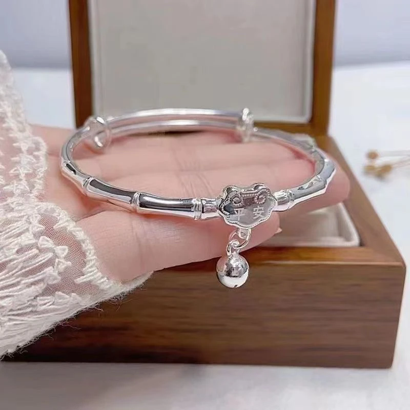 足银手镯 平安锁竹节手镯足银999.9时尚百搭推拉调节手镯 E68