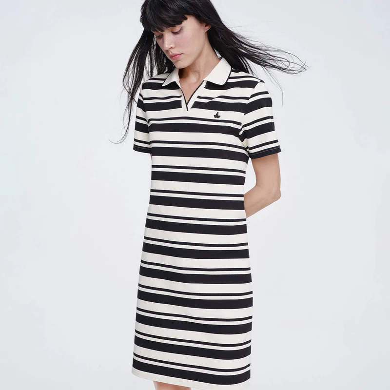navigare意大利小帆船黑白条纹裙子女短袖海魂条连衣裙针织polo裙