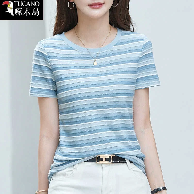 啄木鸟夏季薄款短袖条纹拼色圆领T恤ins2025年新款显瘦时尚上衣女
