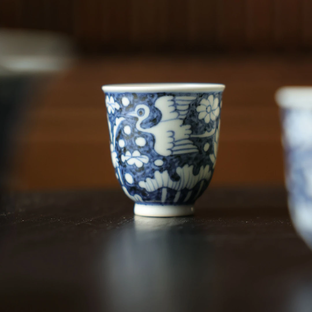 茶圈大魔王茶器景德镇纯手绘元岚堂元青花薄胎一鹭连科铃铛杯45cc