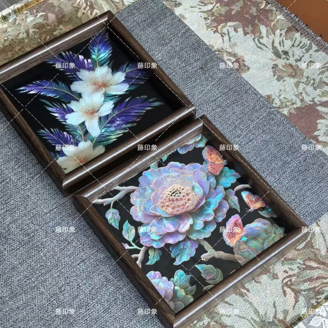 【两个装】紫羽牡丹方形托盘艺术茶盘桌面茶几钥匙摆件收纳盒置物盘