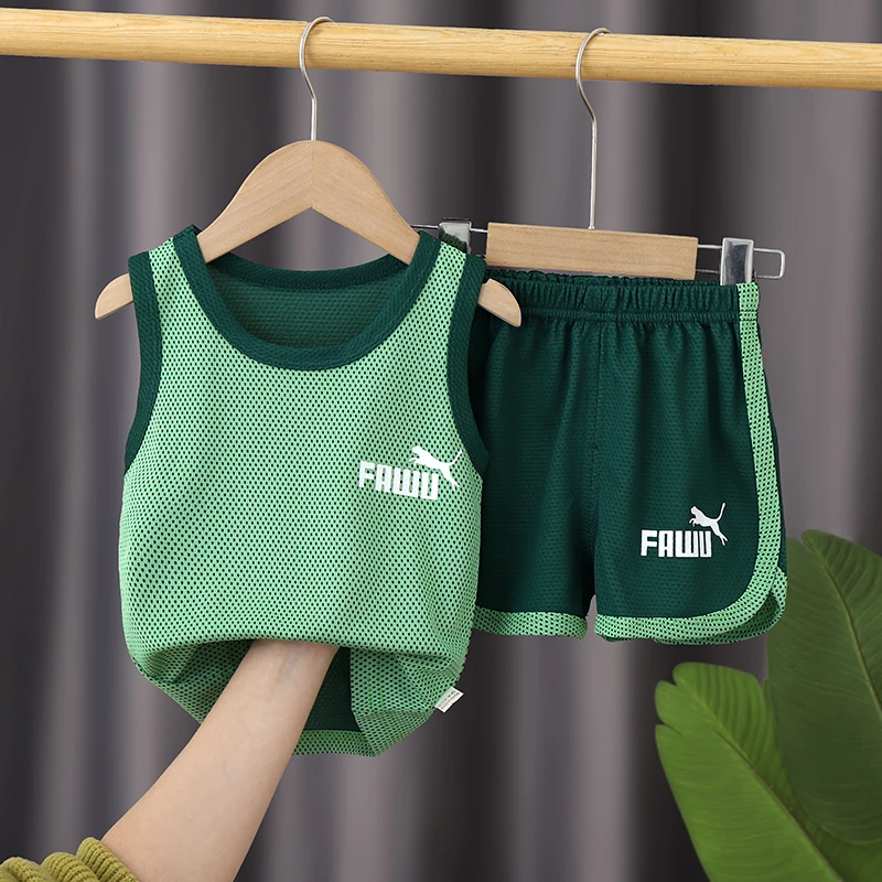 儿童背心速干套装夏季男女童休闲无袖运动俩件套中大童网眼篮球服
