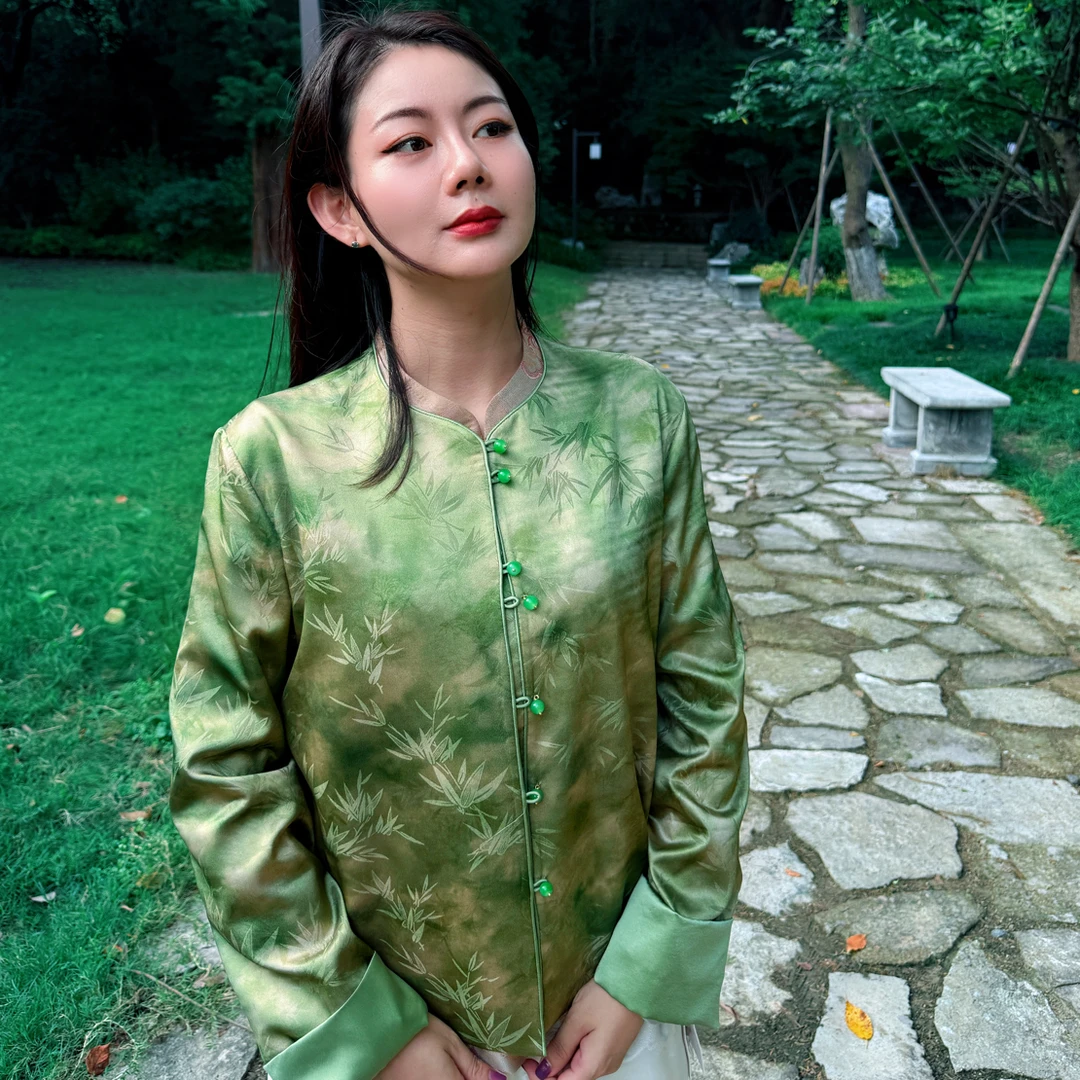 秋季新款百分百桑蚕丝新中式双层重缎长袖外套国风女士外套