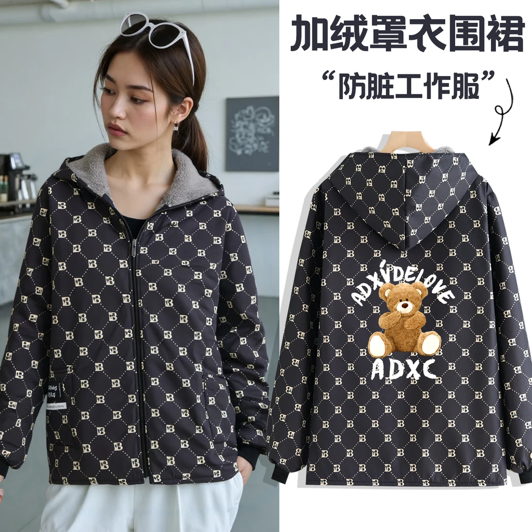 加绒保暖棉布长袖厨房做饭围裙防风加厚干活工作服女餐饮摆摊大褂