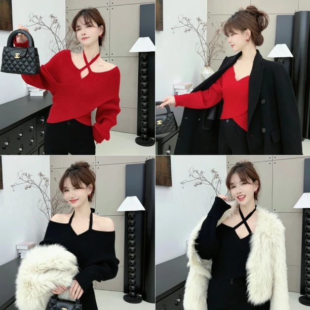 【新年限定】《氛围美人》挂脖三穿露肩毛衣  （621）