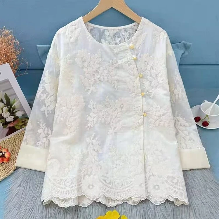 【2025】蕾丝绣花盘扣衬衫长袖外套网红复古春季宽松文艺中国风