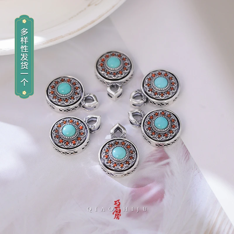 巧石居十堰天然原矿绿松石S925银镶嵌款吊坠 一个 多样性发货