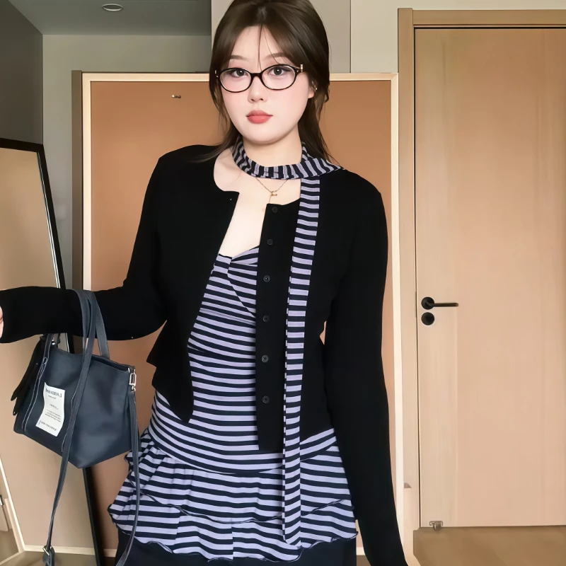 大码条纹吊带背心两件套女秋季胖mm显瘦薄款开衫早秋穿搭一整套装