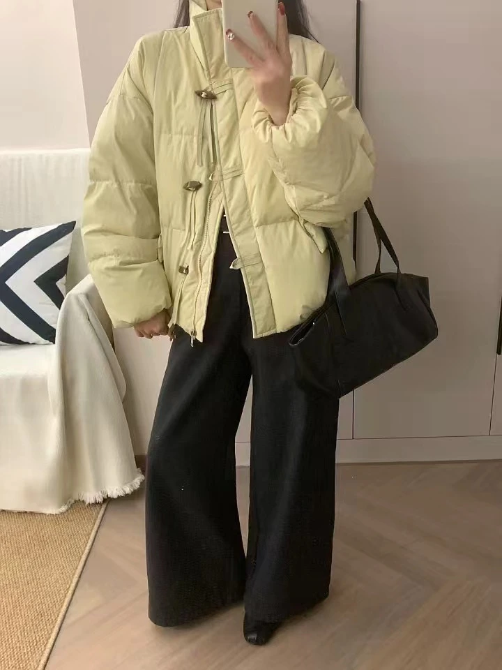 【工厂直销】新款牛角扣设计感立领韩版加厚羽绒服外套白鸭绒面包服