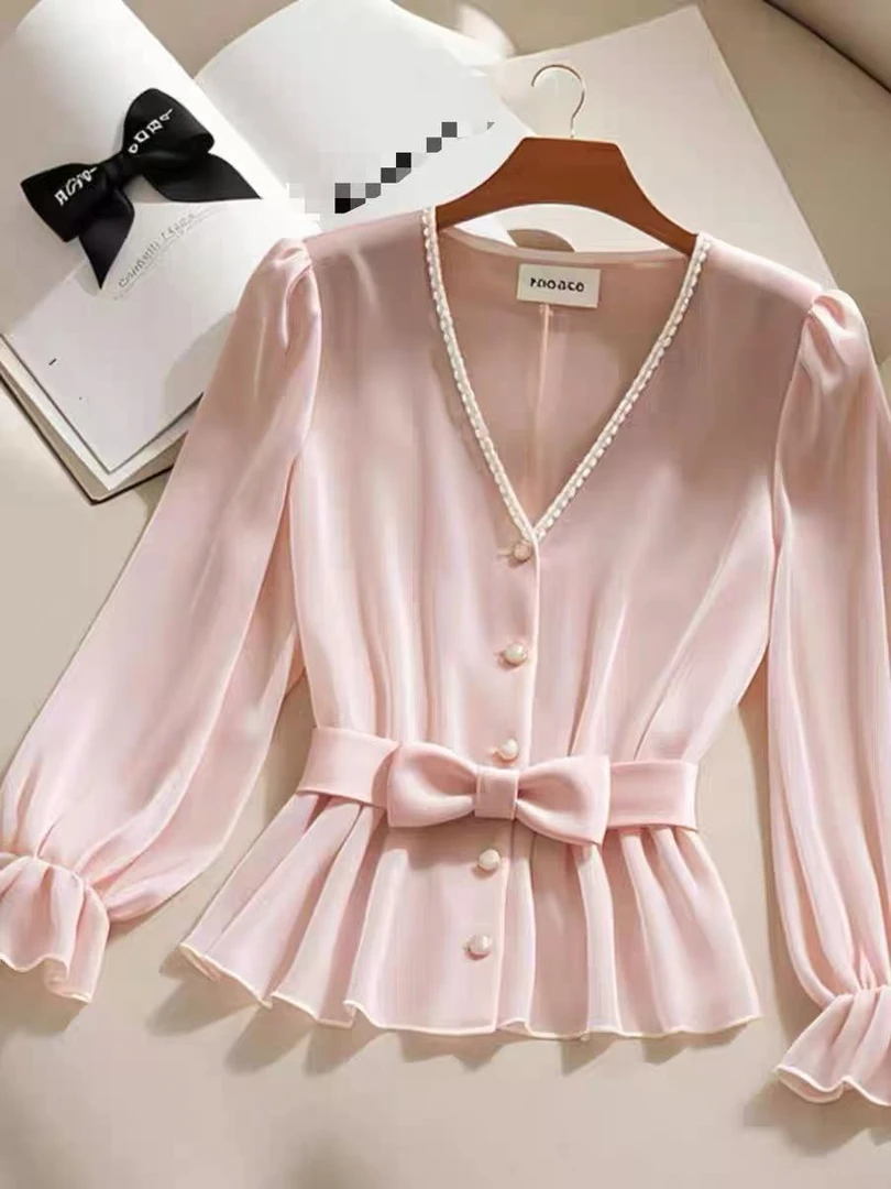 法式轻奢v领粉色长袖雪纺衬衫女设计感小众独特别致绝美上衣