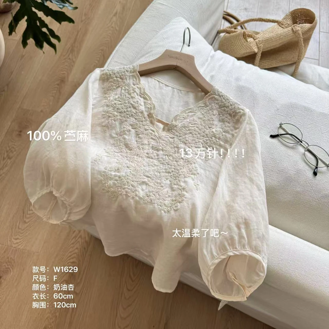 小文姐 W1629-夏季刺绣套头七分袖拼接宽松显瘦百搭苎麻衬衫上衣