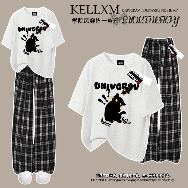 夏季新款甜酷黑色小猫印花女童扎染短袖t恤格子裤套装中大童百搭